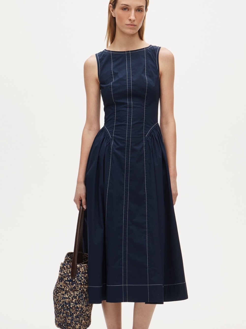NWT J Crew Contrast-stitch midi dress in cotton-blend poplin in navy size 6